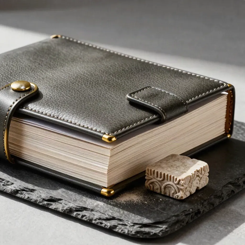 Charcoal leather rent review folio with brass divider and stone block on dark slate