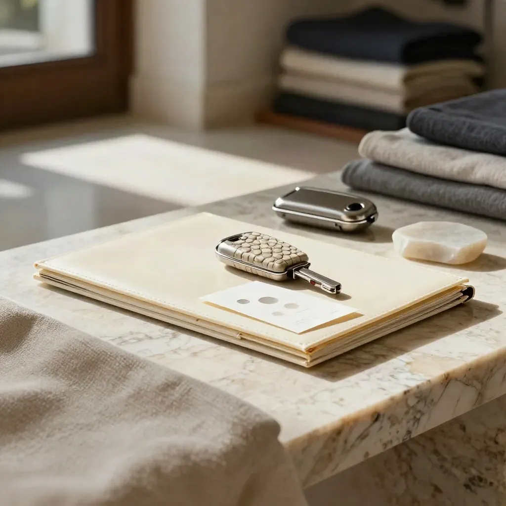 Ivory relocation folio, key case, route card and stone sample on a sunlit foyer bench