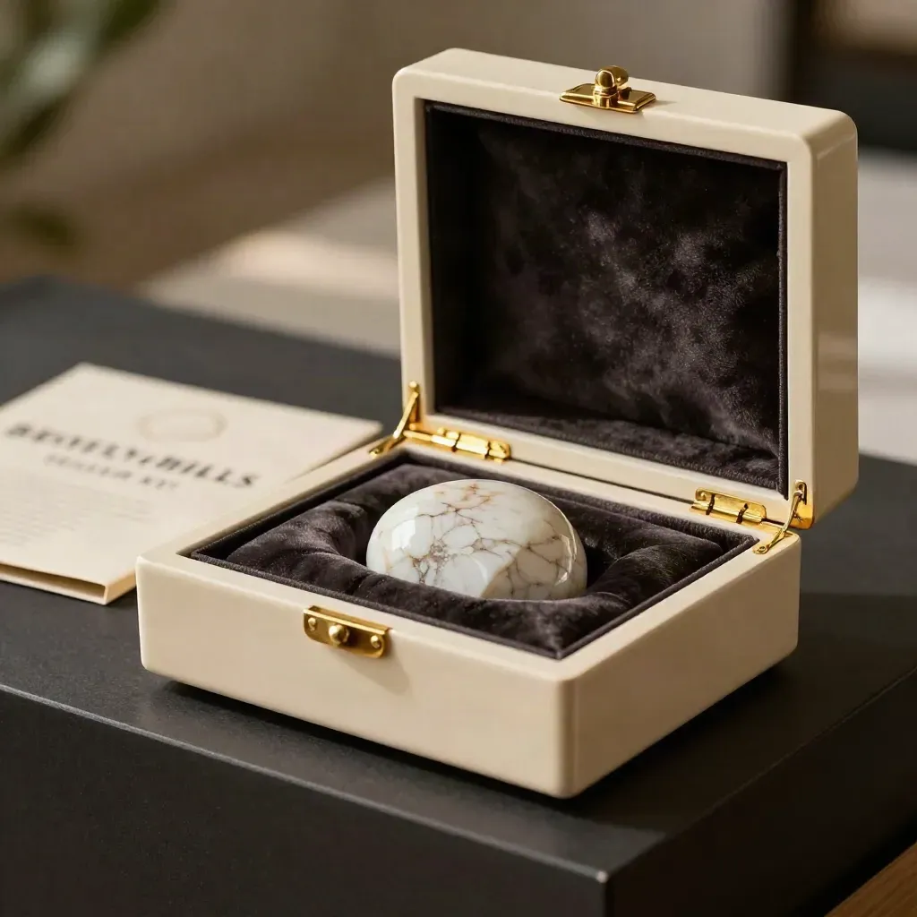 Open cream seller kit box with brass hinge, velvet insert and travertine chip on a dark plinth.