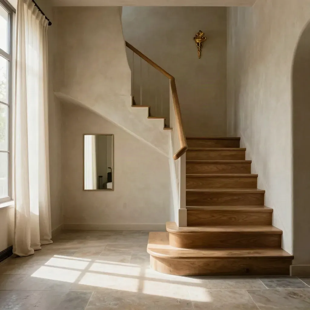Pale plaster entry hall with oak stairs, sheer curtains, mirror, and a sun stripe on stone floor.